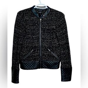 Club Monaco Black & White Zip Up Jacket w Pockets Wool Blend w Vegan Leather